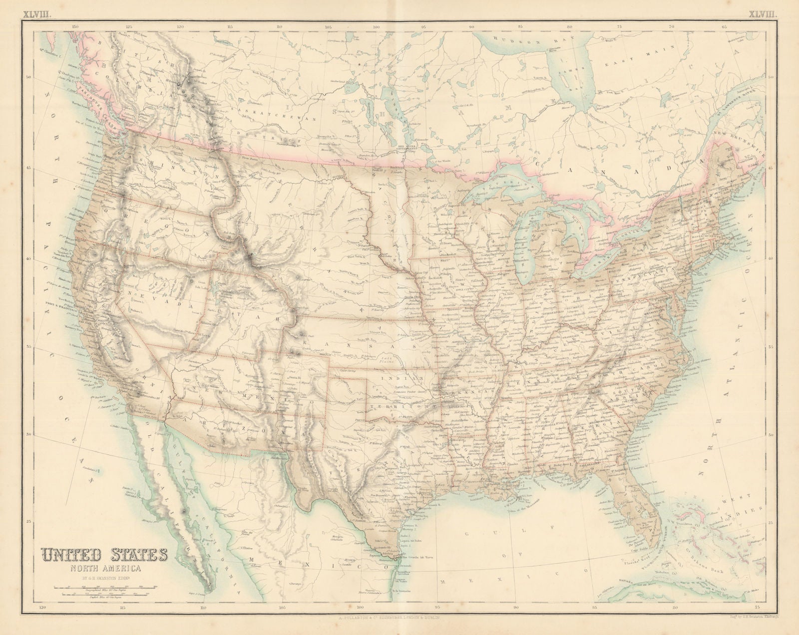 United States. New California. Confederate Arizona. Dacotah. FULLARTON c1863 map